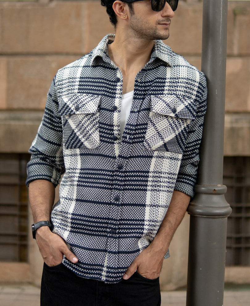 White And Navy Structured Checks Shirt.