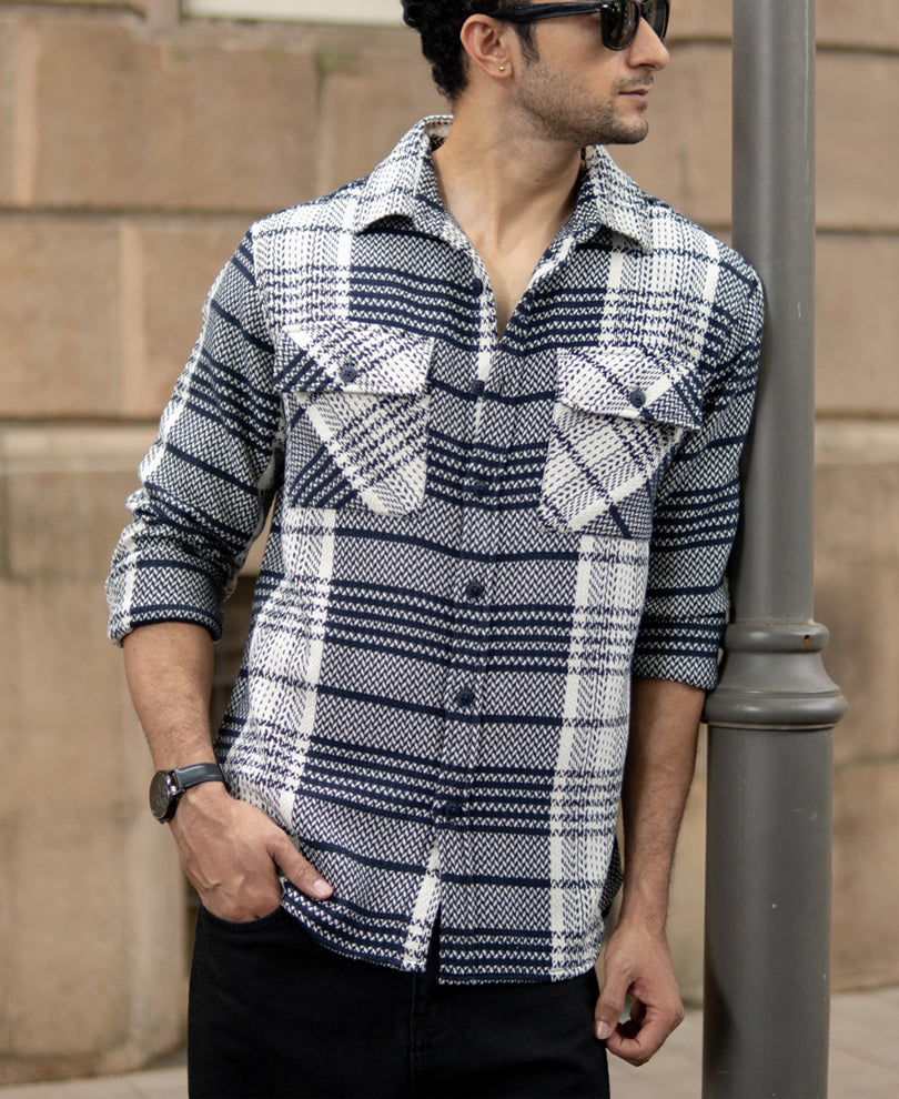White And Navy Structured Checks Shirt.