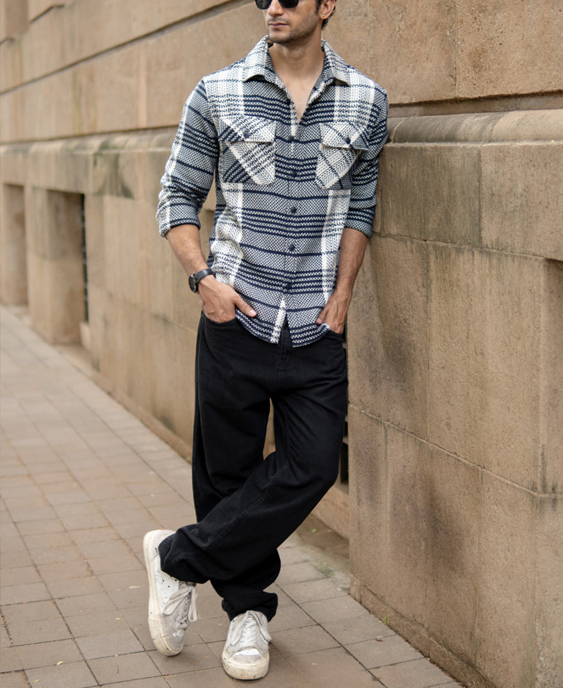 White And Navy Structured Checks Shirt.