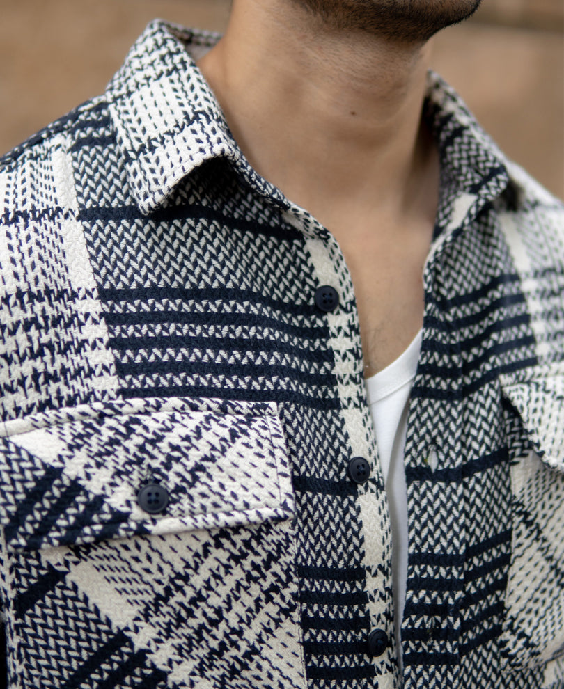 White And Navy Structured Checks Shirt.