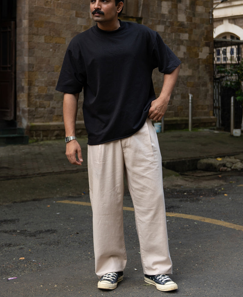 Beige Contrast Belt Linen Trouser.