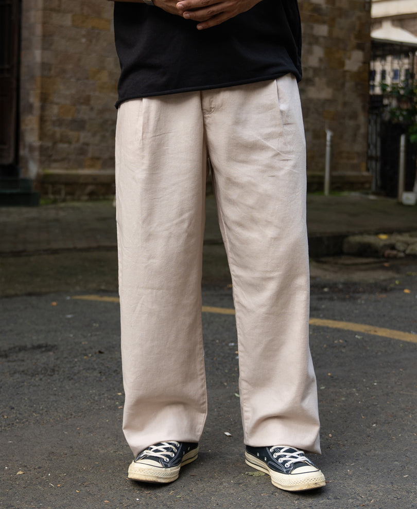 Beige Contrast Belt Linen Trouser.