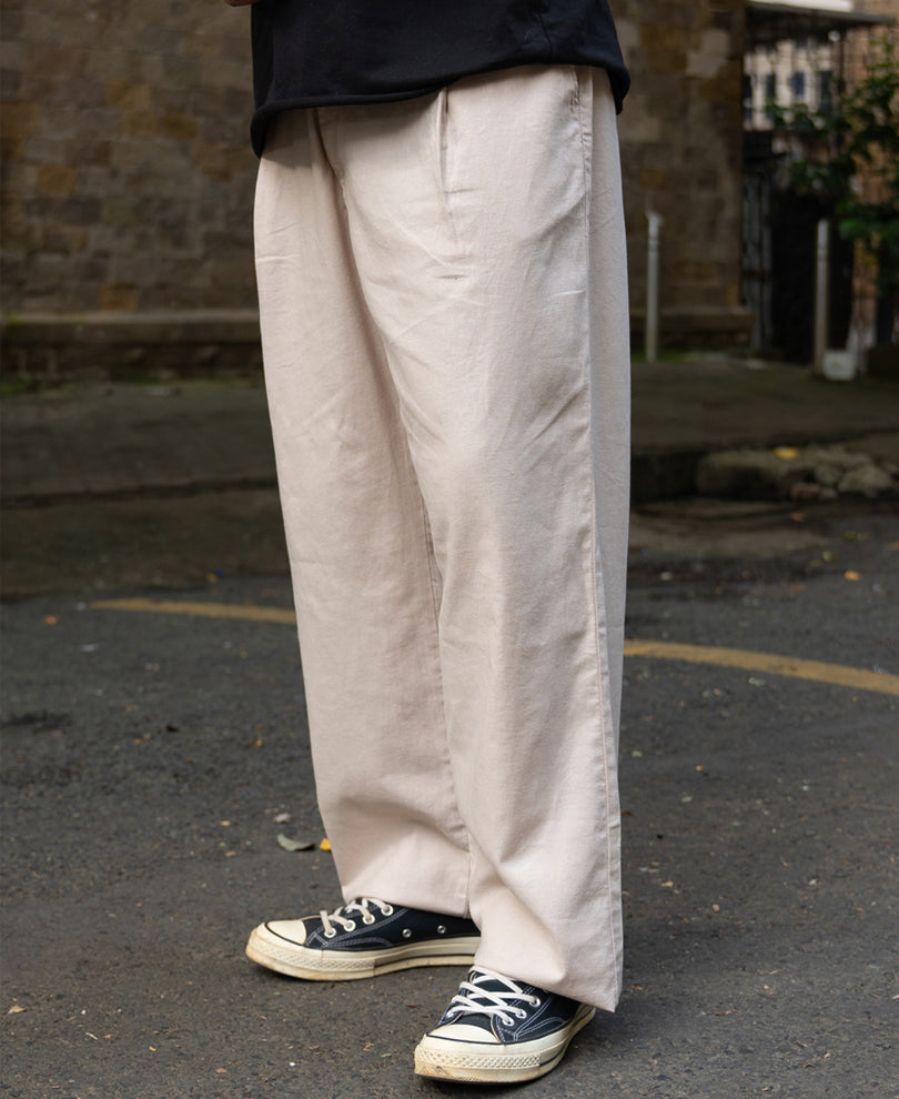 Beige Contrast Belt Linen Trouser.