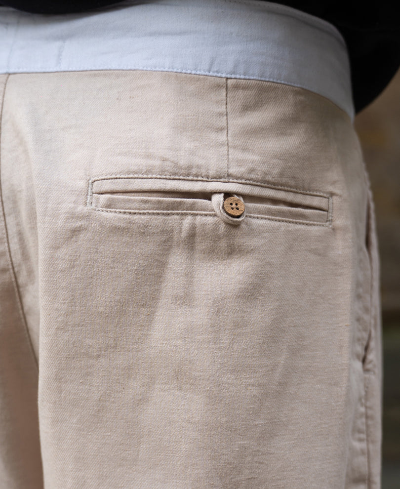 Beige Contrast Belt Linen Trouser.