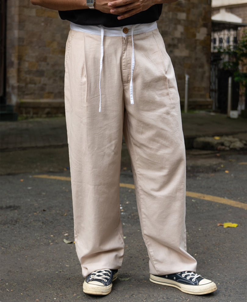 Beige Contrast Belt Linen Trouser.