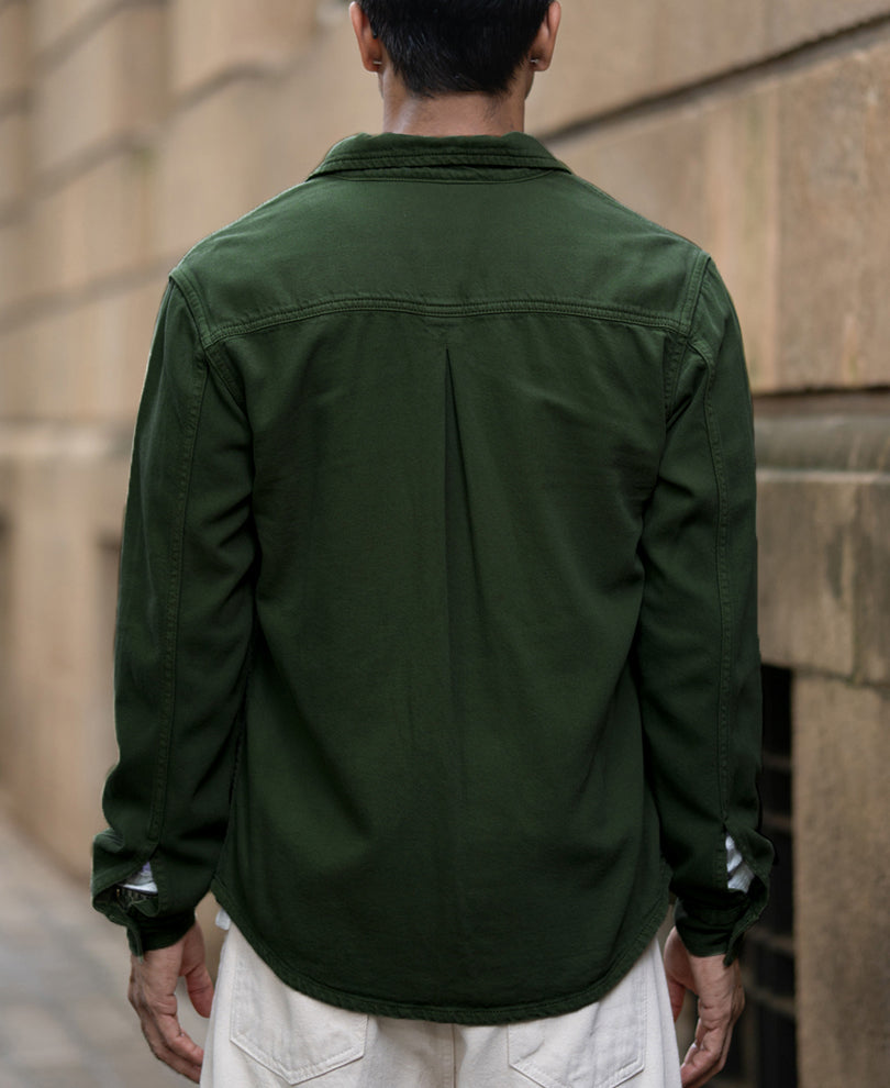 Pine Green Textured Cotton Overshirt.