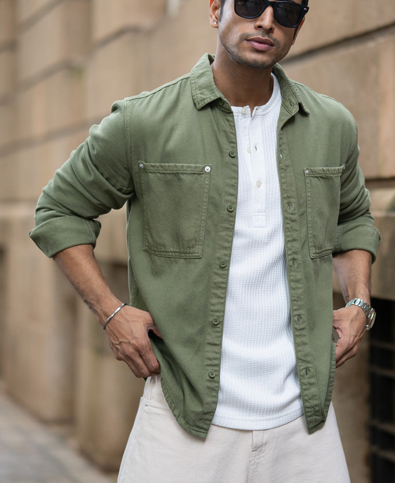 Green Textured Cotton Overshirt.