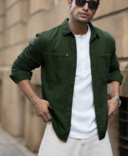 Pine Green Textured Cotton Overshirt.