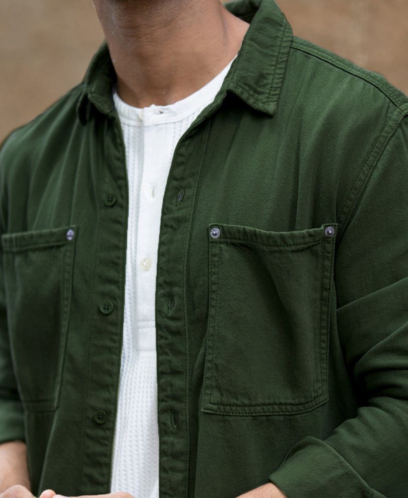 Pine Green Textured Cotton Overshirt.