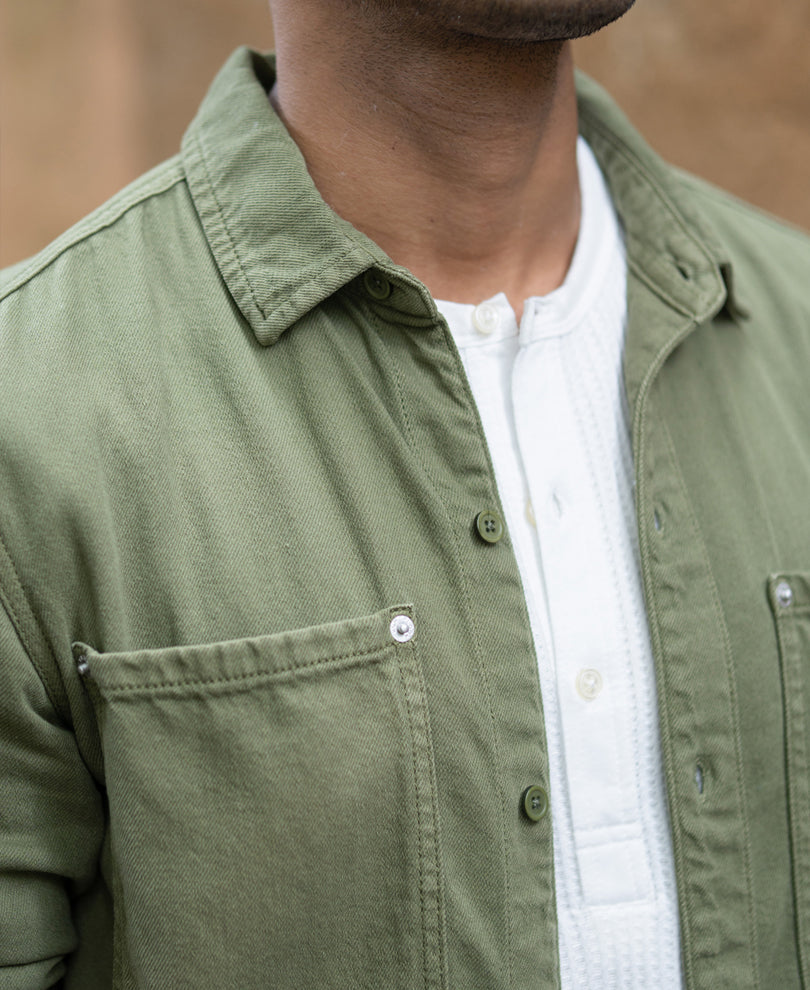 Green Textured Cotton Overshirt.