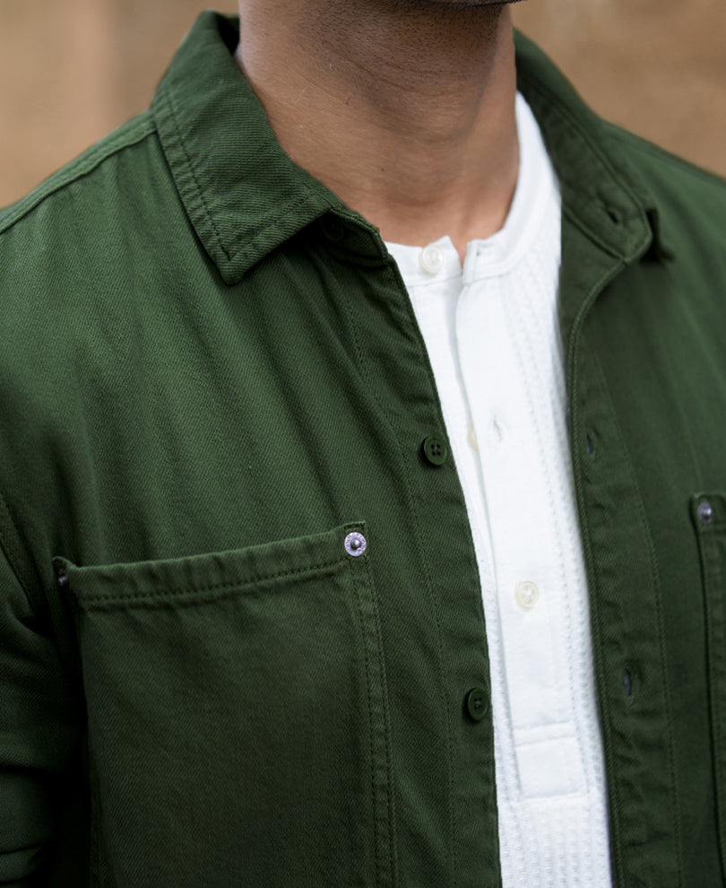 Pine Green Textured Cotton Overshirt.