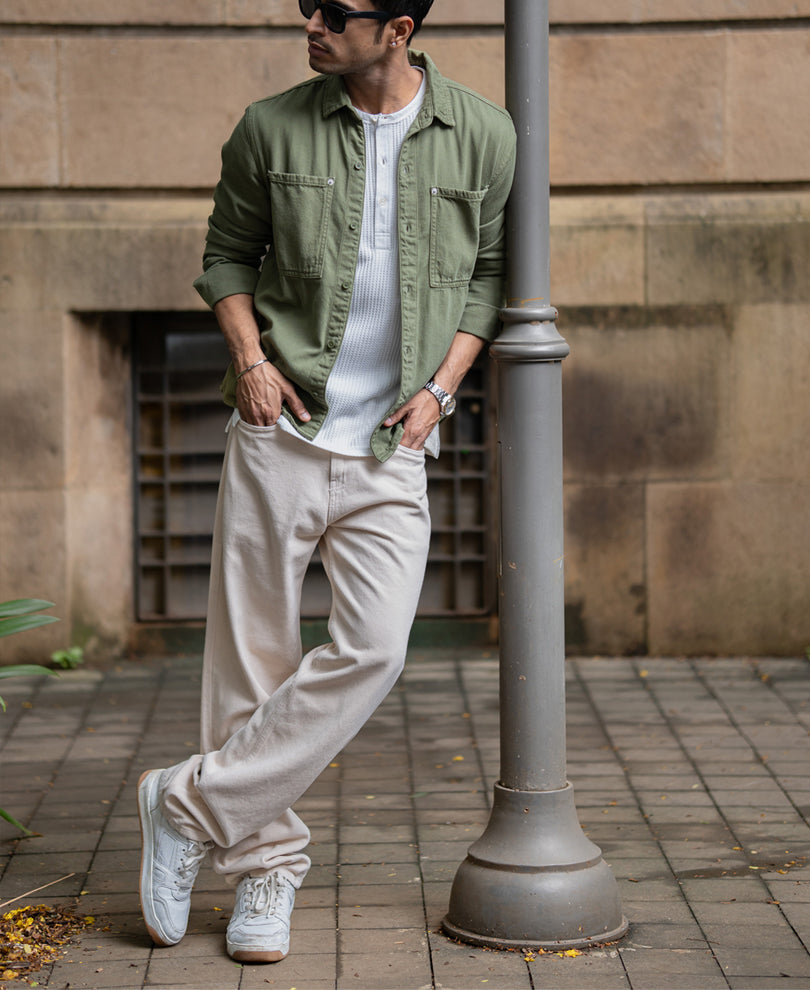 Green Textured Cotton Overshirt.