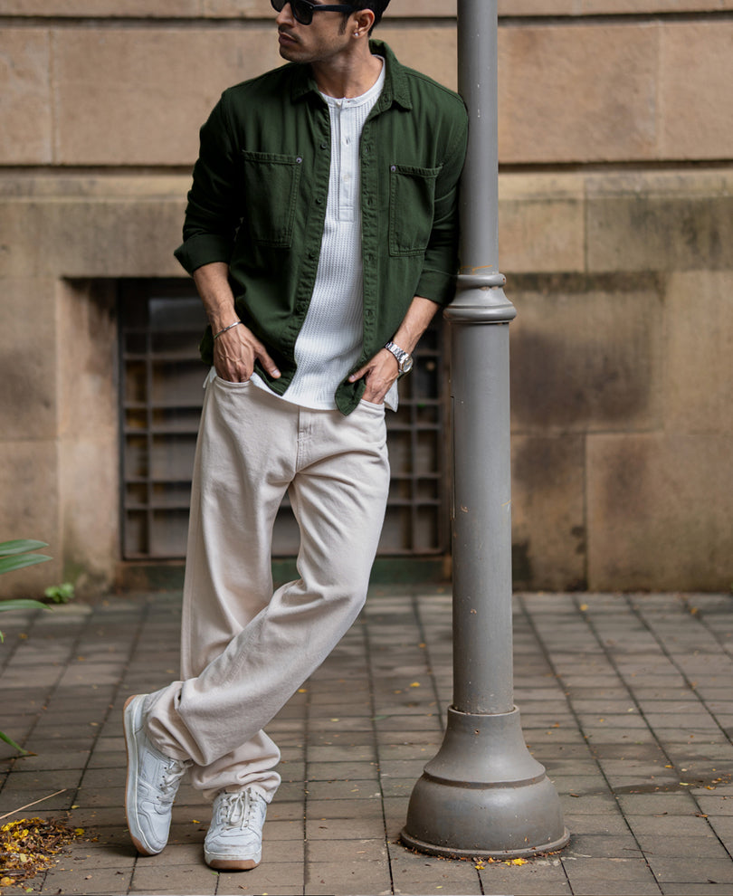 Pine Green Textured Cotton Overshirt.