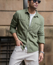 Green Textured Cotton Overshirt.