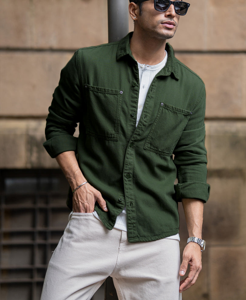 Pine Green Textured Cotton Overshirt.