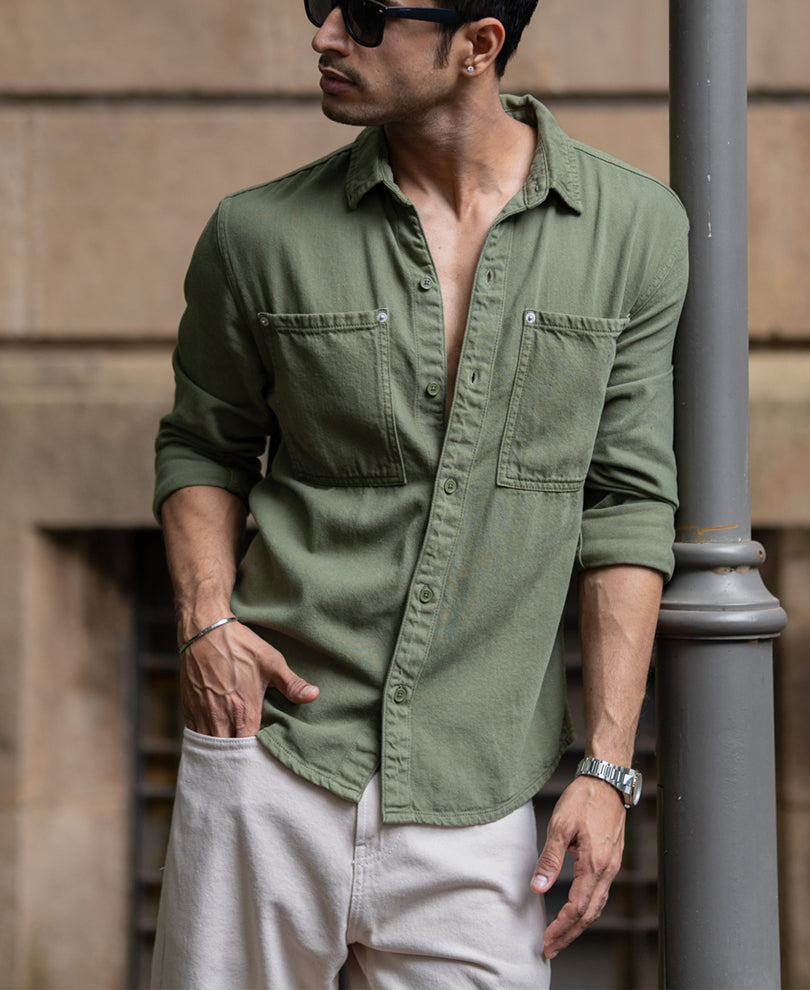 Green Textured Cotton Overshirt.