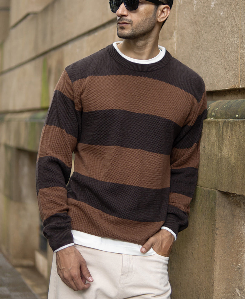 Brown Structured Stripe T-Shirt.