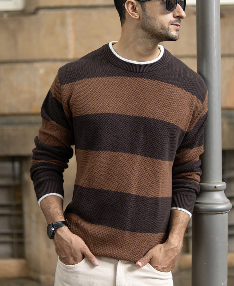 Brown Structured Stripe T-Shirt.
