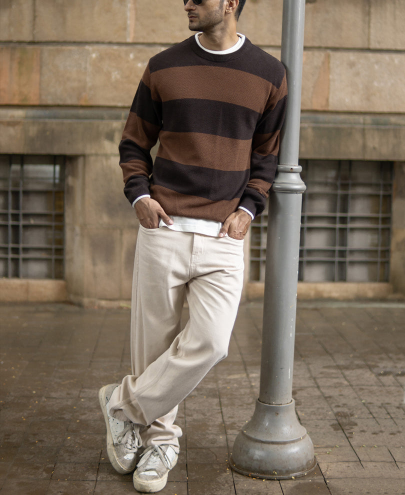 Brown Structured Stripe T-Shirt.