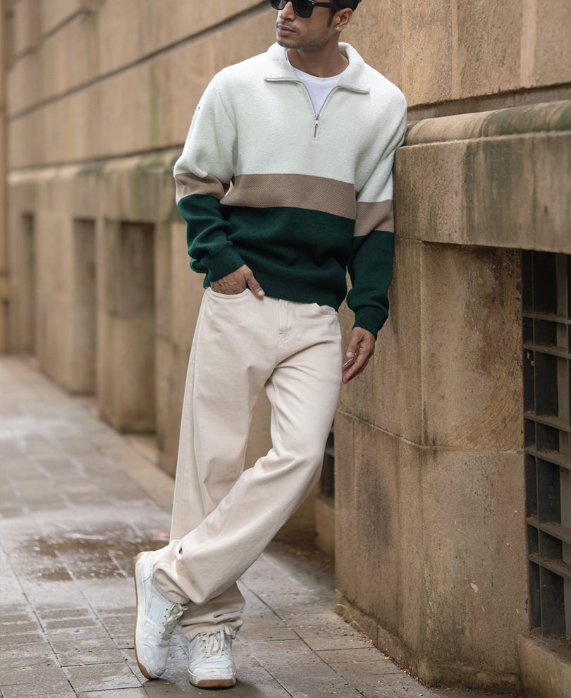 Multicolour Striped Zipper T-Shirt.