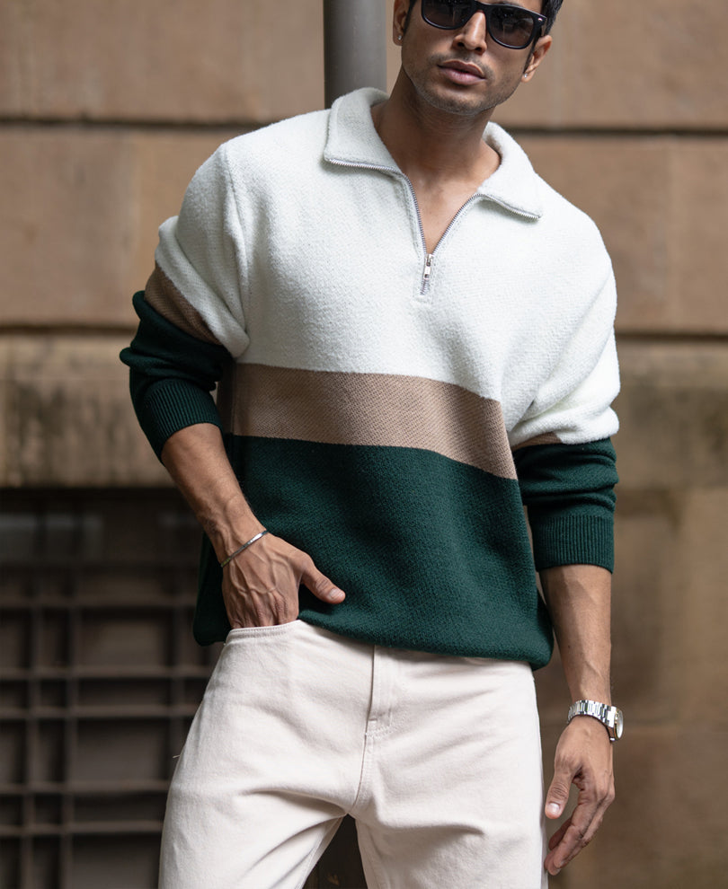 Multicolour Striped Zipper T-Shirt.