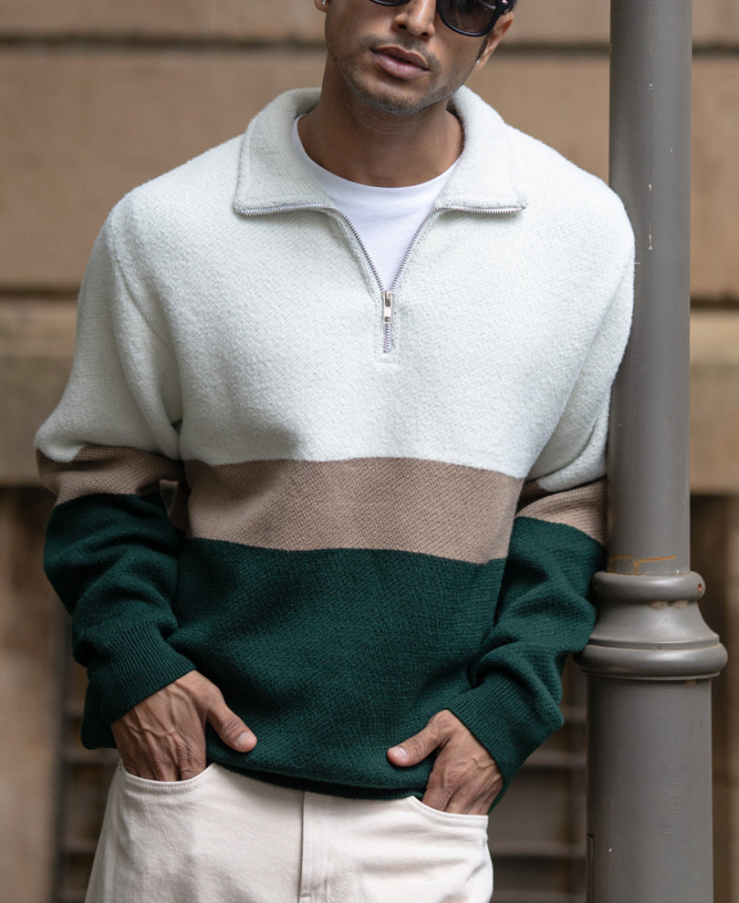 Multicolour Striped Zipper T-Shirt.