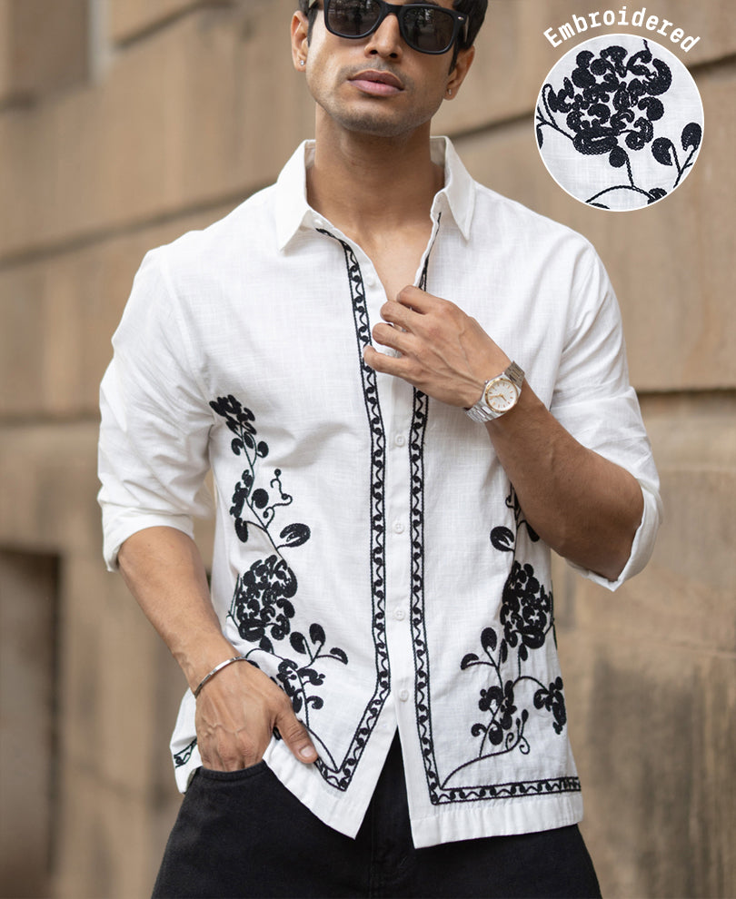 White Slub Embroidered Shirt 100% Cotton