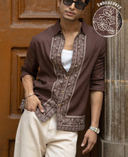 Dark Brown Linen Blend Embroidery Shirt