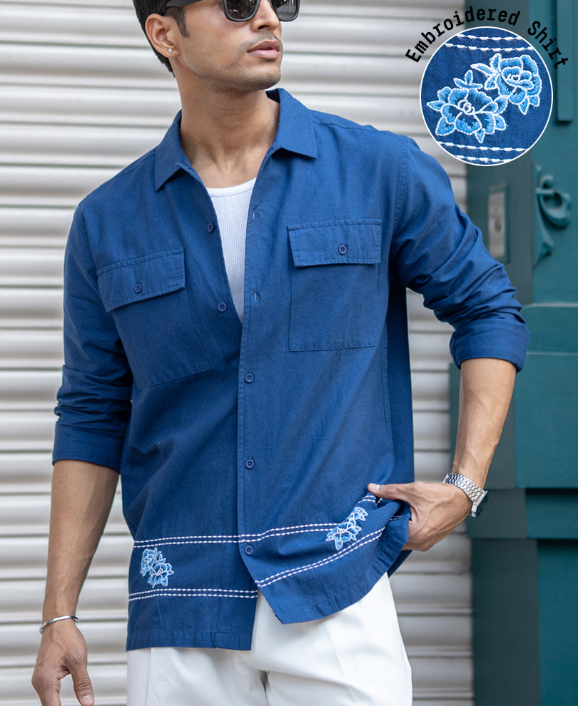 Navy Embroidered Linen Shirt