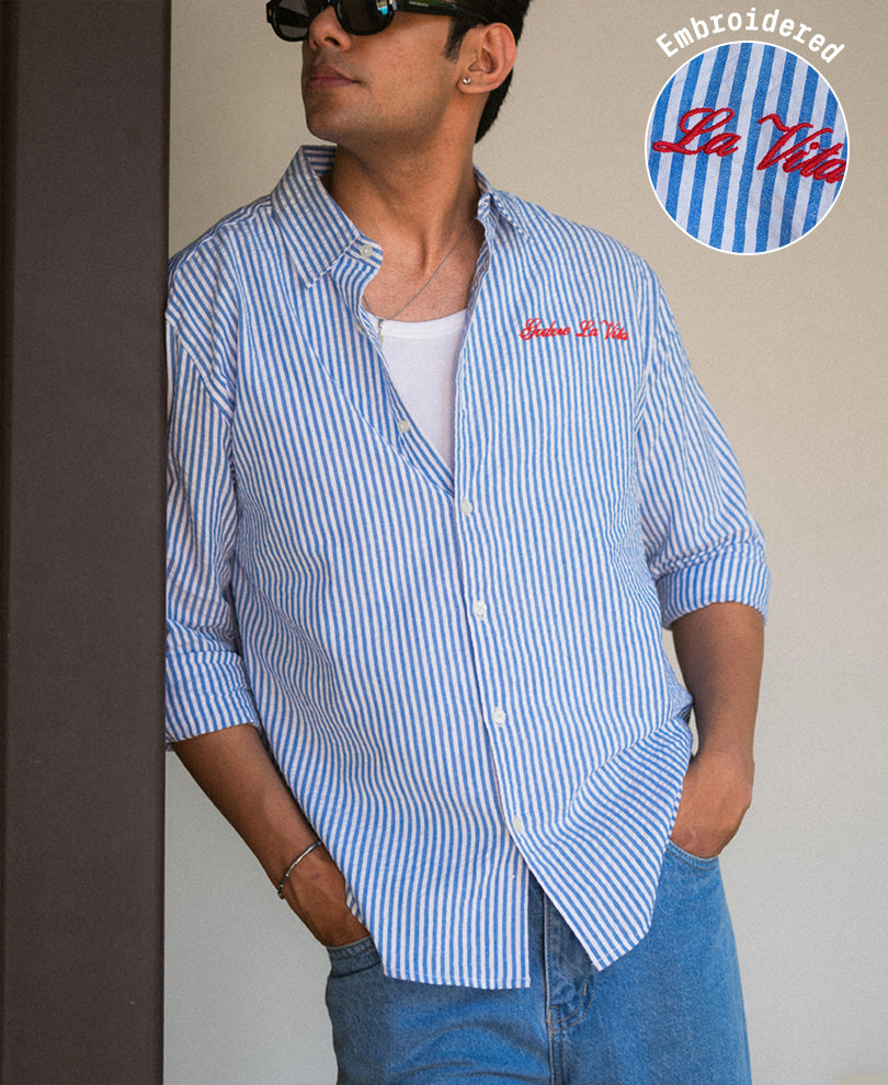 Blue Seersucker Embroidery Stripe Shirt 100% Cotton