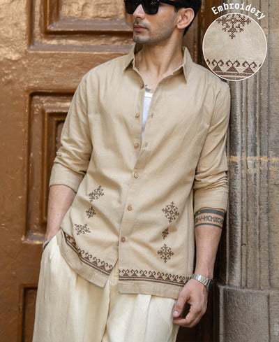 Beige Linen Blend Embroidered Shirt