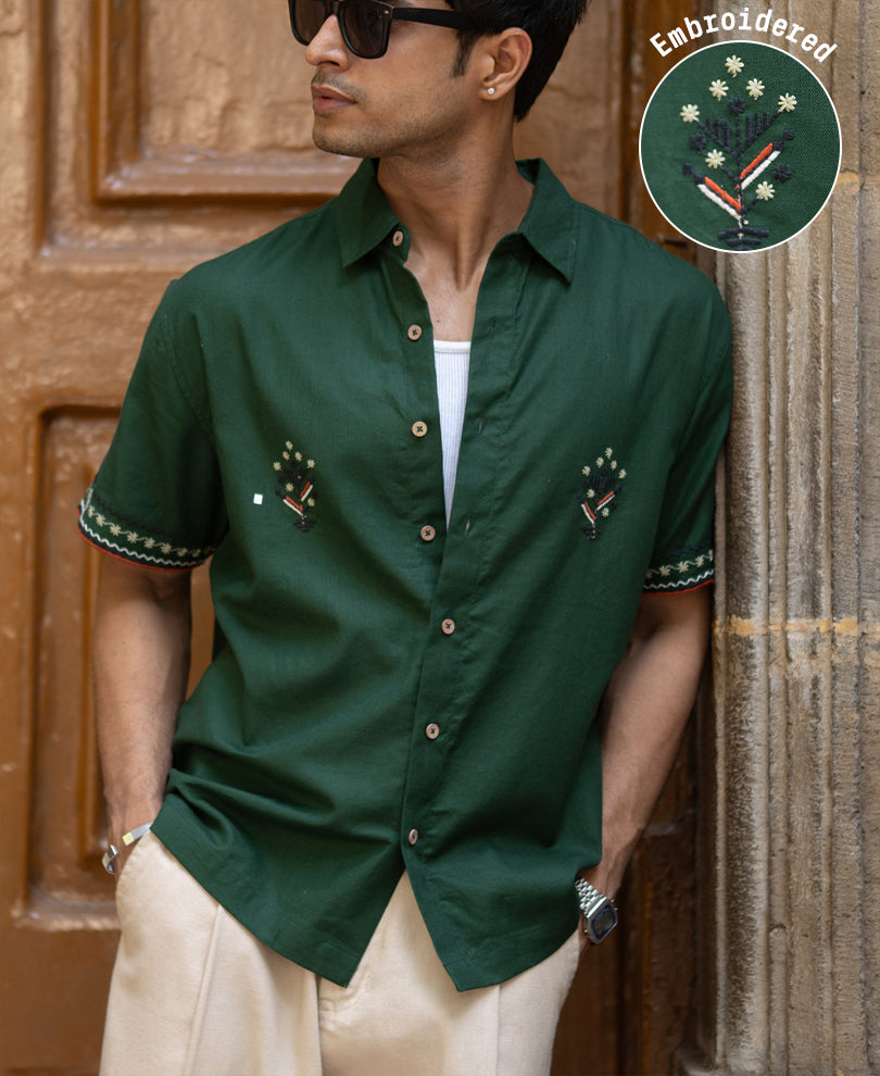 Dark Olive Embroidered Shirt 100% Cotton