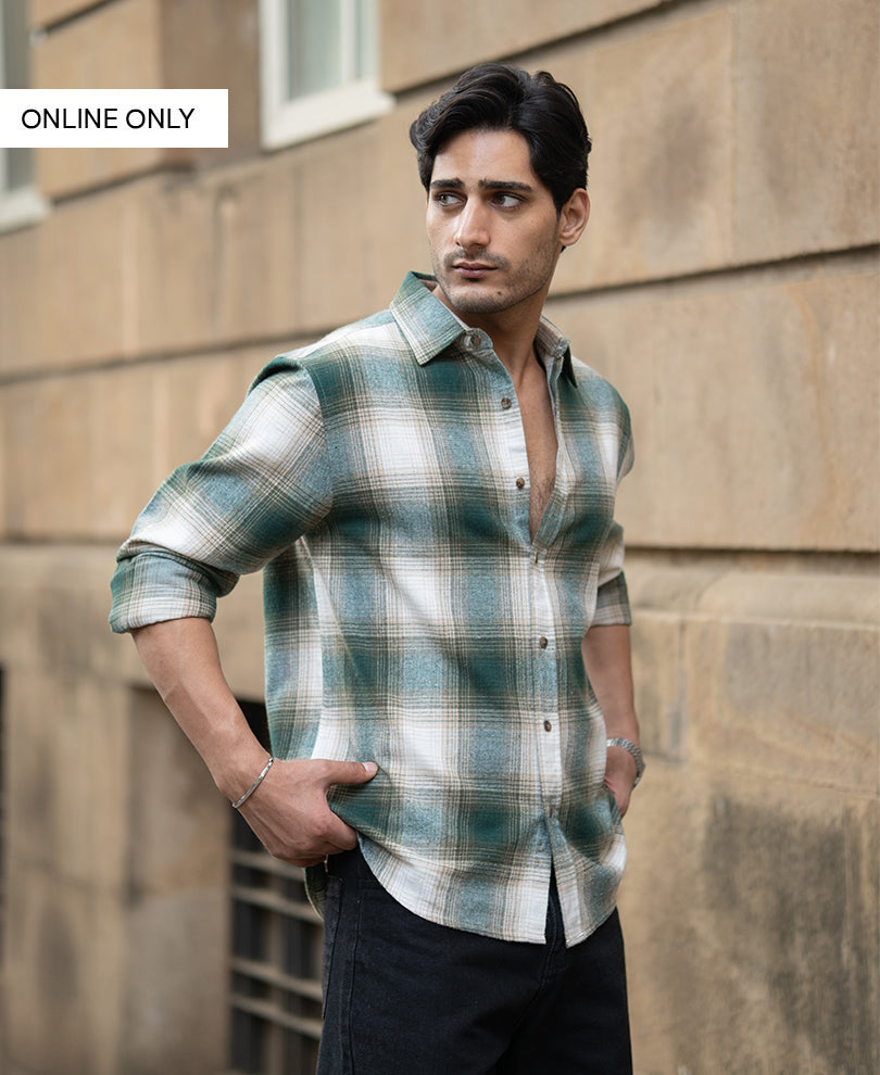 Green & Beige Flannel Checks Shirt