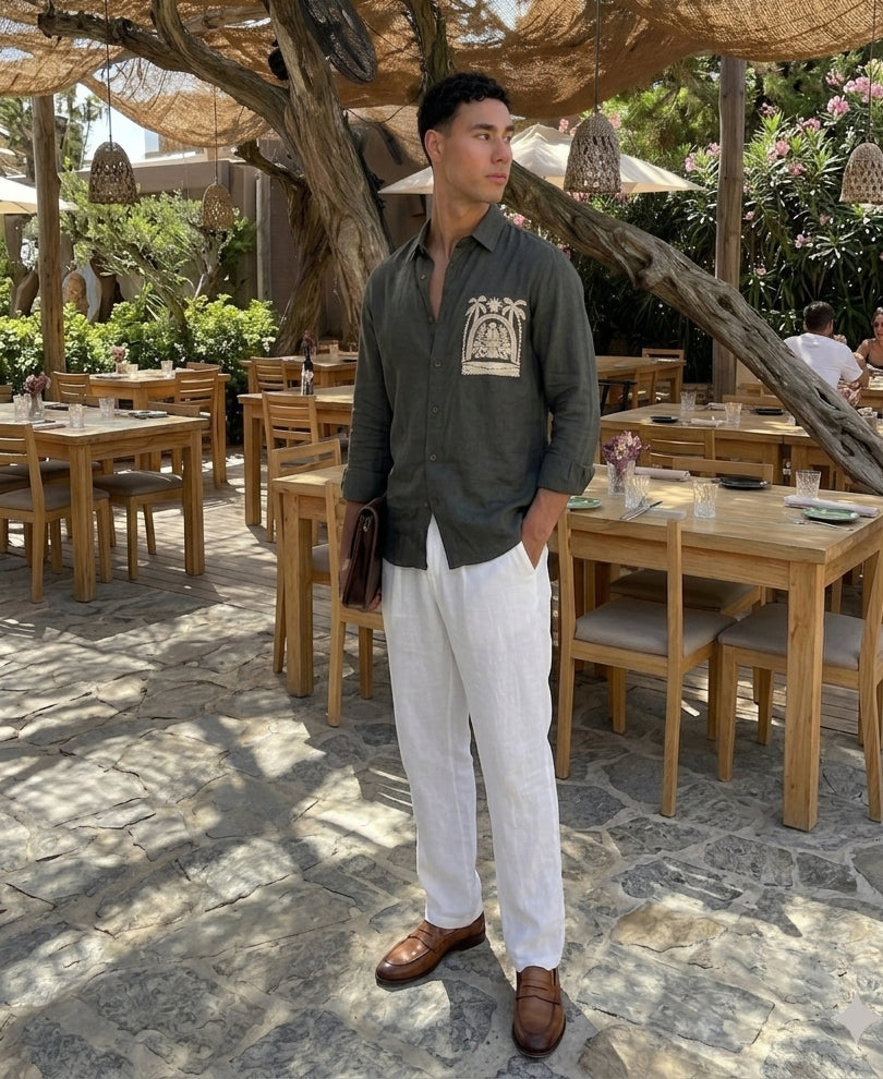 Dark Green Linen Blend Embroidered Shirt