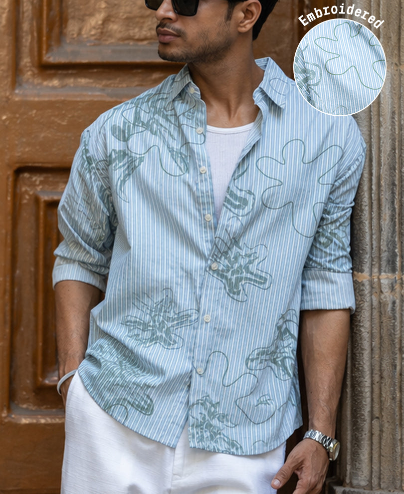 Blue Stripe Abstract Print Shirt 100% Cotton