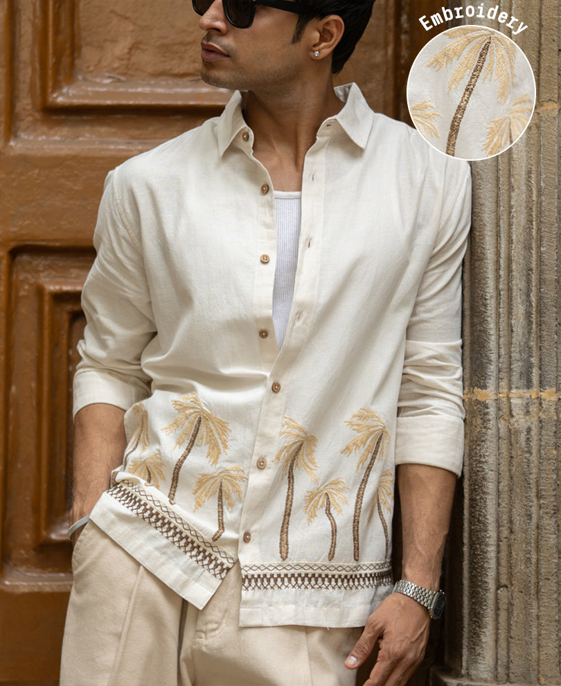 Light Beige Palm Embroidery Shirt