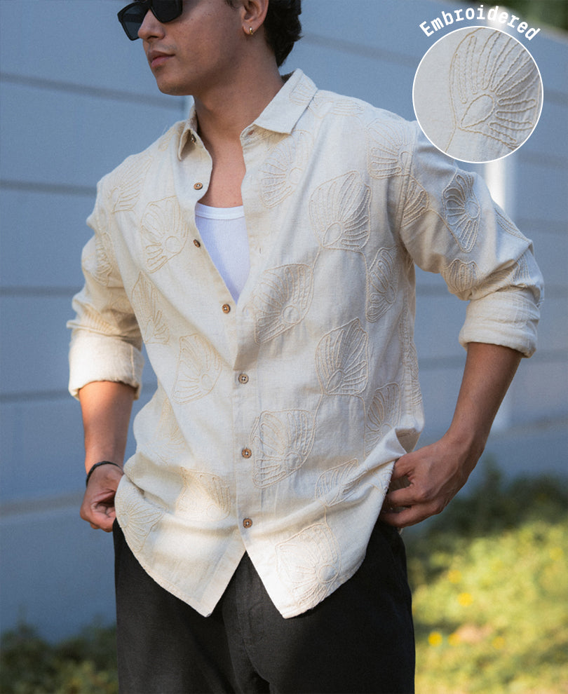 Natural Linen Blend Embroidered Shirt