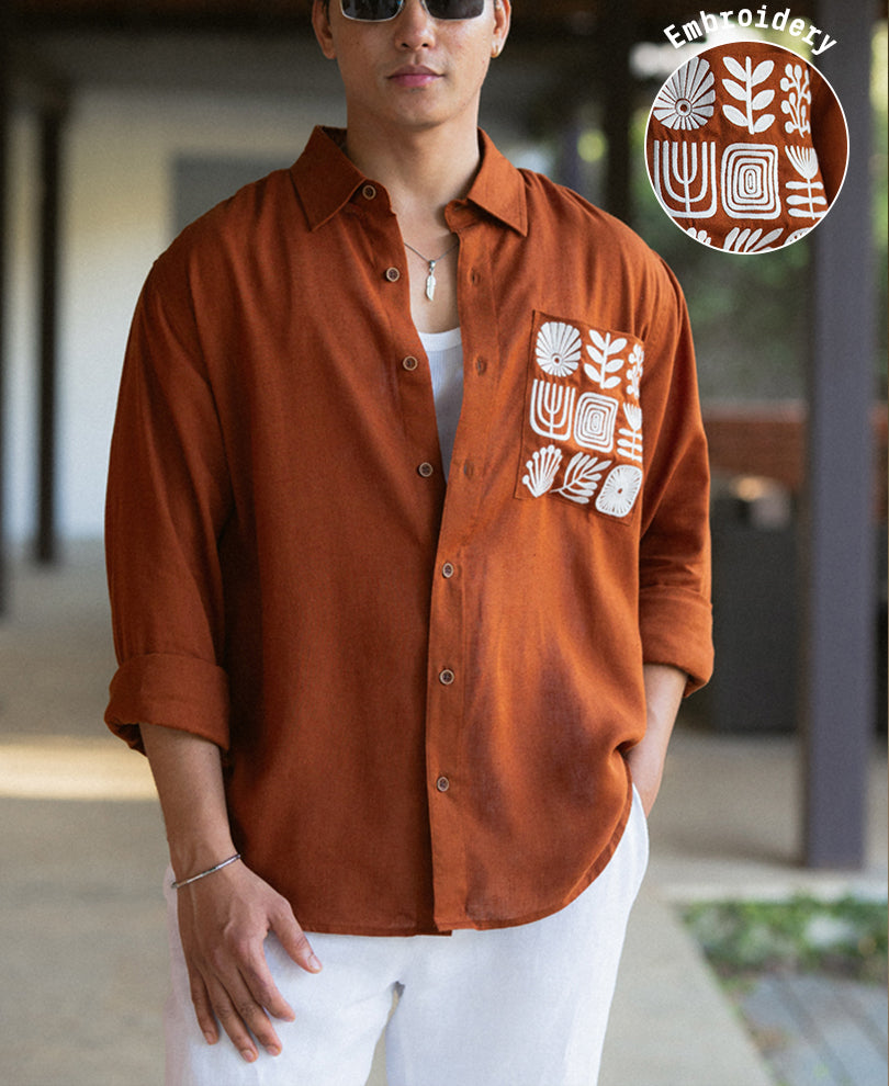 Rust Linen Blend Embroidered Shirt
