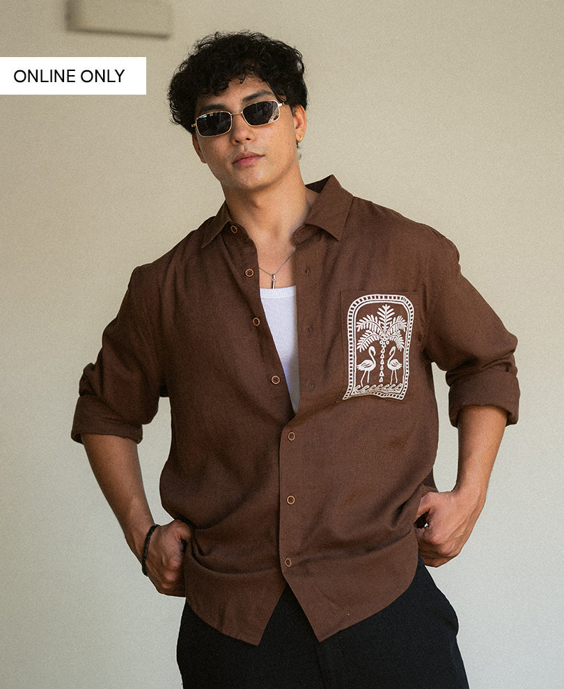 Brown Linen Blend Embroidery Shirt