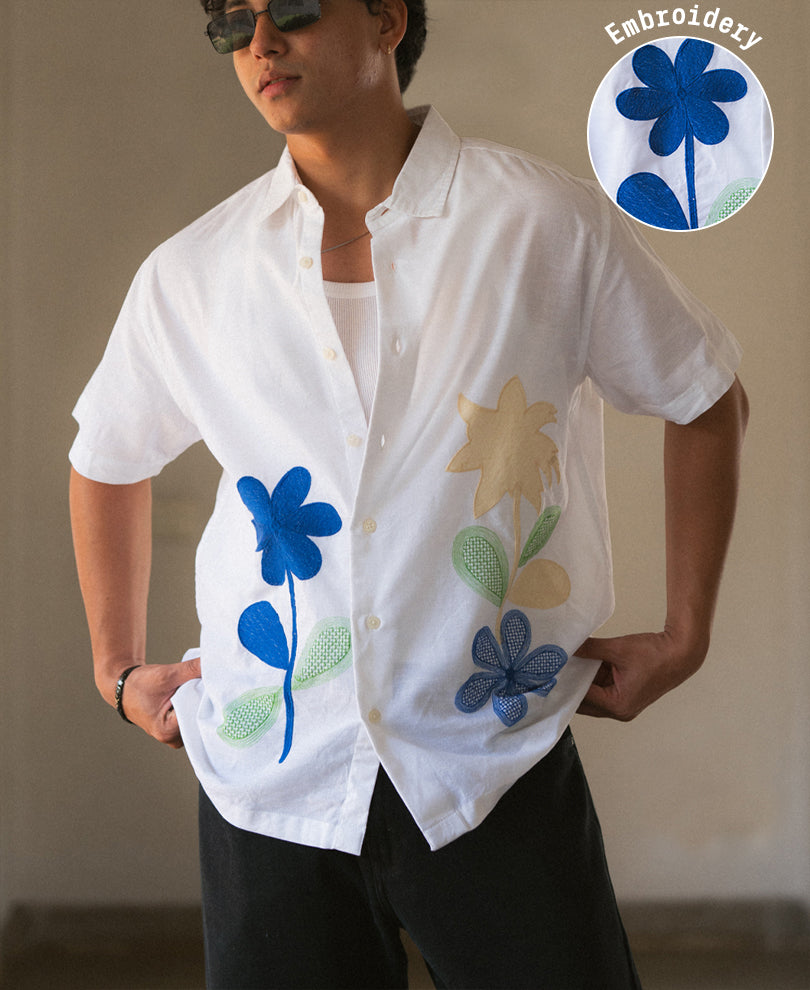 White Floral Embroidery Shirt