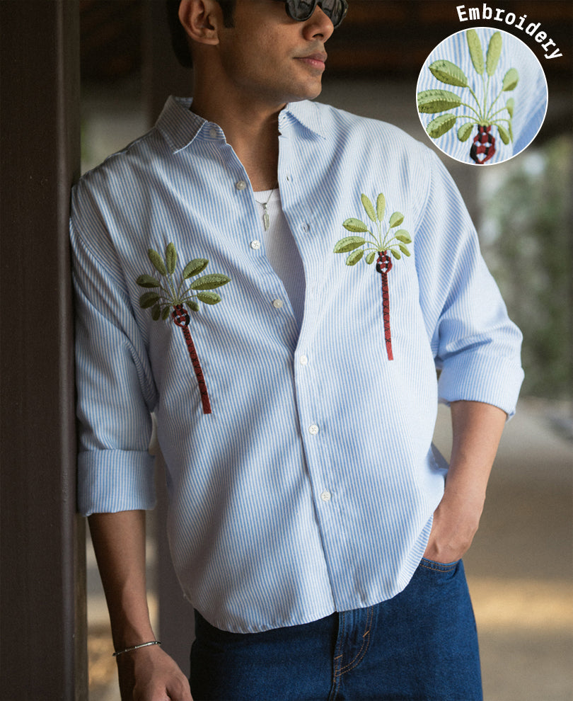 Blue Stripe Palm Embroidery Shirt
