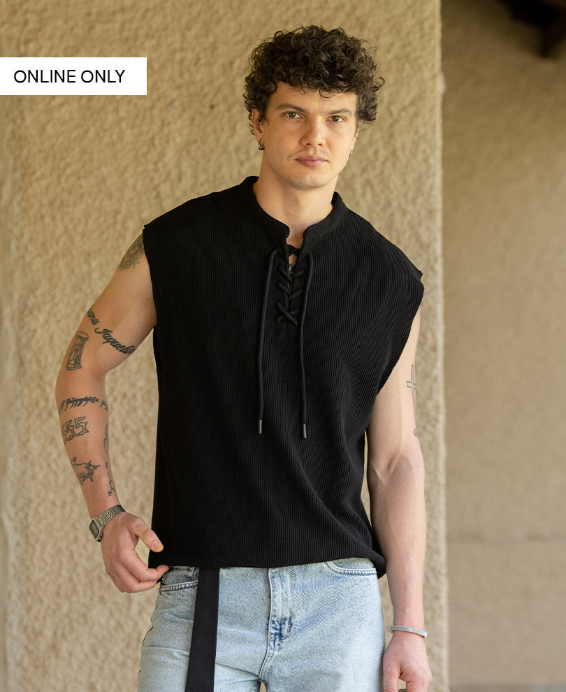 Black Knitted Henley Vest