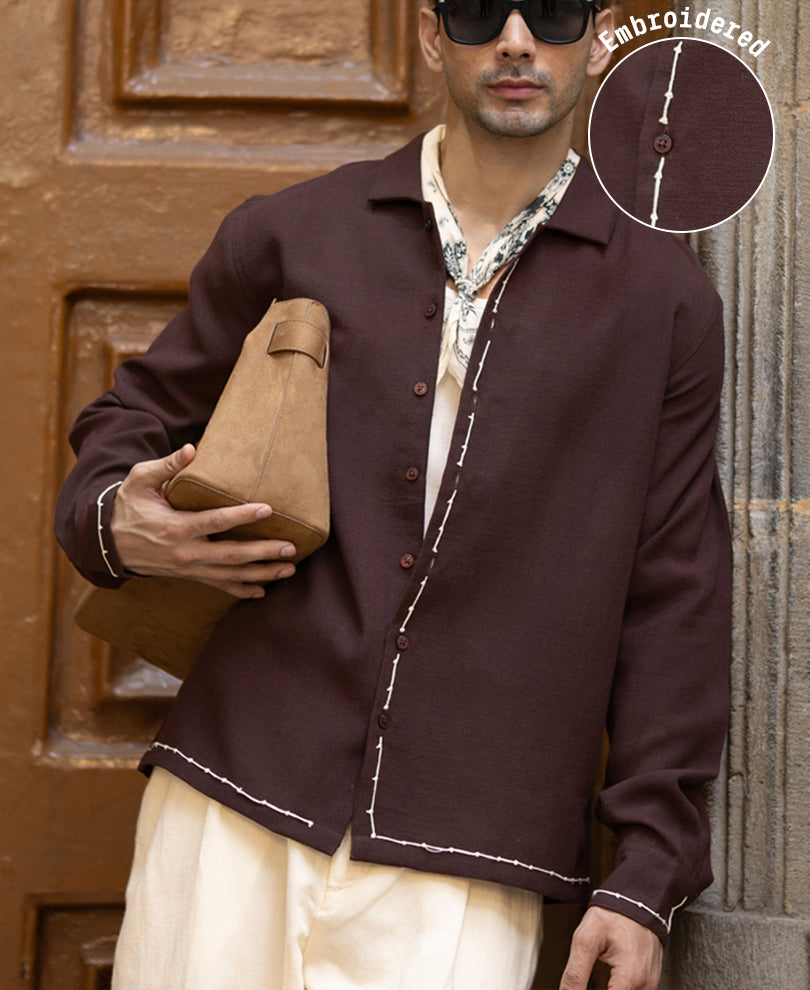 Coffee Brown Hand Embroidery Shirt