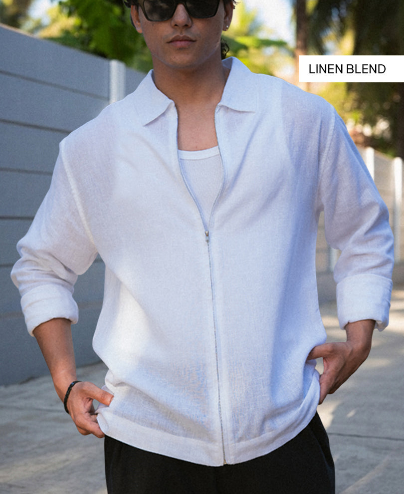 White Linen Blend Zipper Shirt