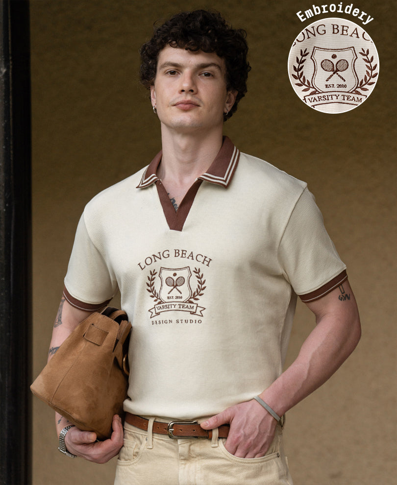 Cream Contrast Embroidery T-Shirt 100% Cotton