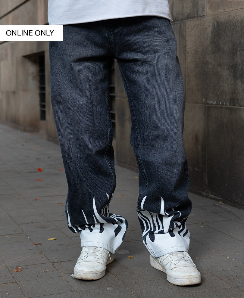 Charcoal Flame Print Baggy Jeans
