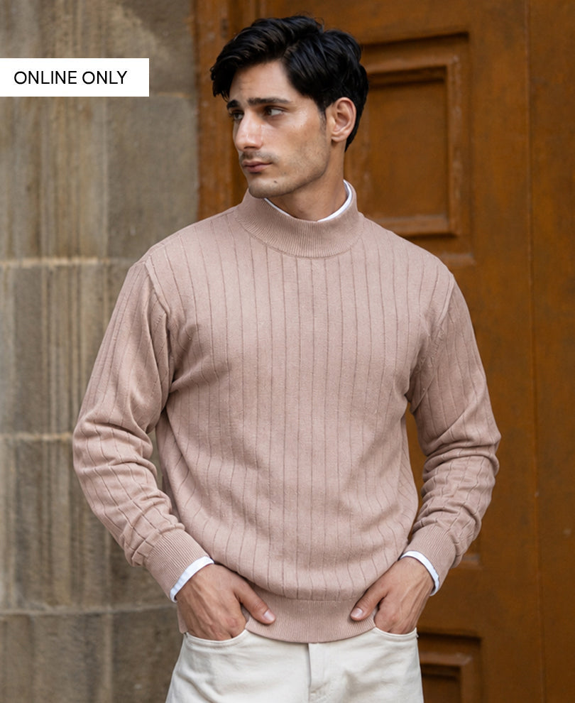 Beige High Neck Cotton Sweater 100% Cotton