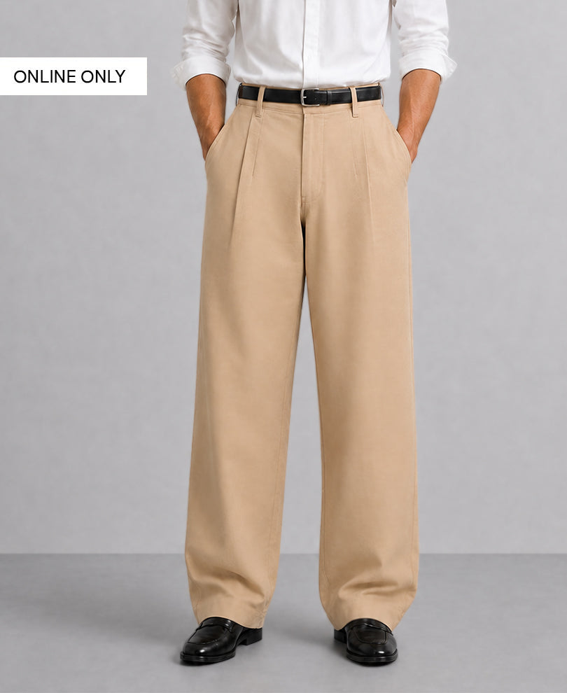 Beige Pleated Cotton Baggy Trousers