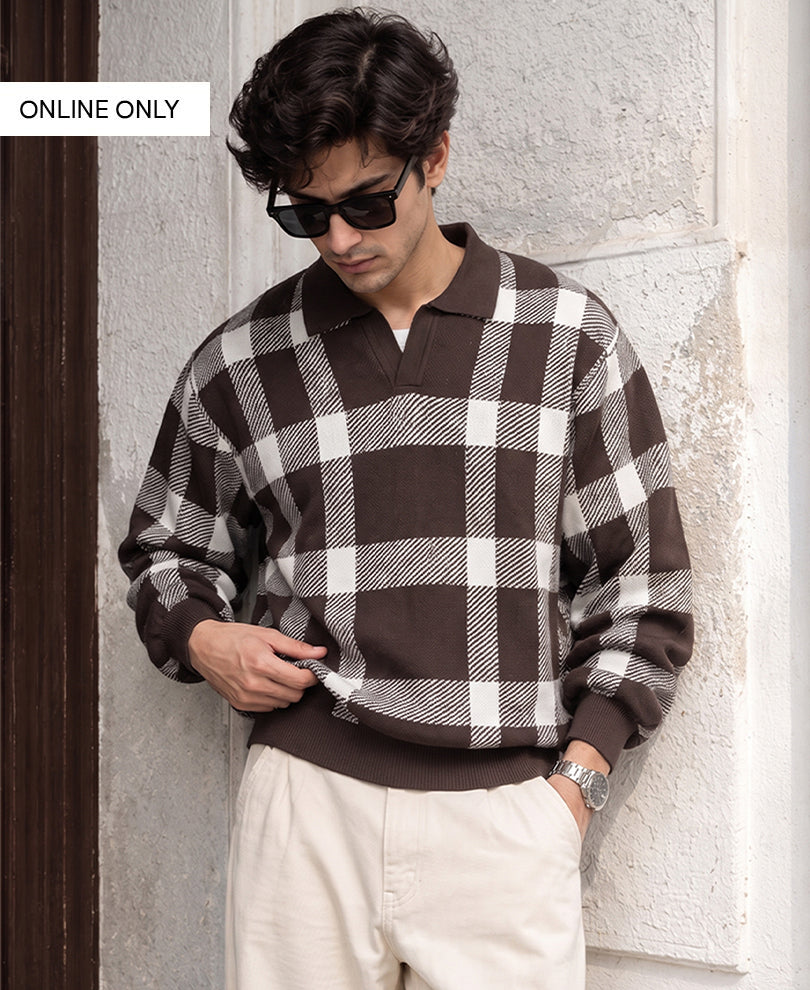 Brown Checks Knitted T-Shirt