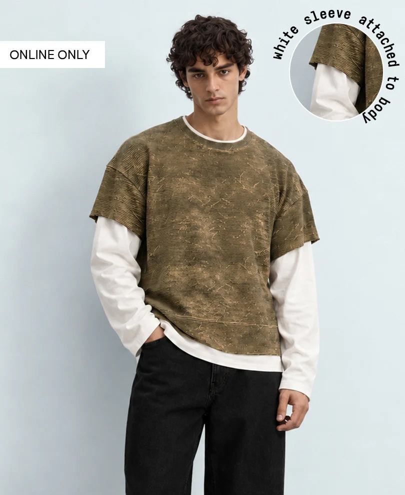 Dark Beige Grungy Double Layered T-Shirt